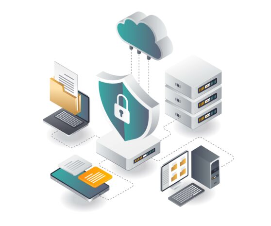 Graphic illustration of IT security elements including a cloud, servers, shield with a lock, laptop, and documents.