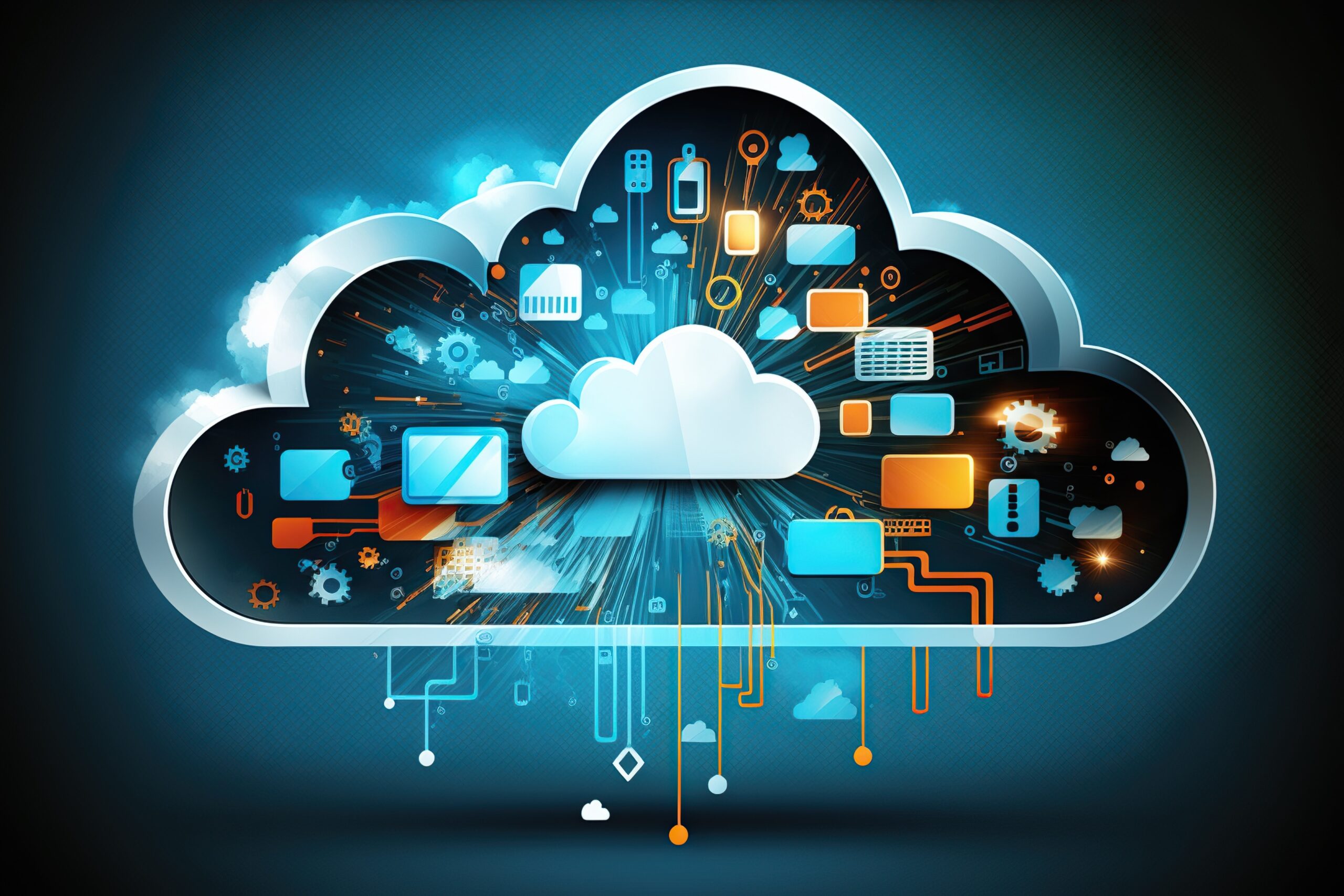 A digital illustration of a cloud with various technological icons and symbols representing cloud computing, scalability, and data processing. The cloud is illuminated, with rays of light emanating from it, symbolizing the distribution of data and resources.