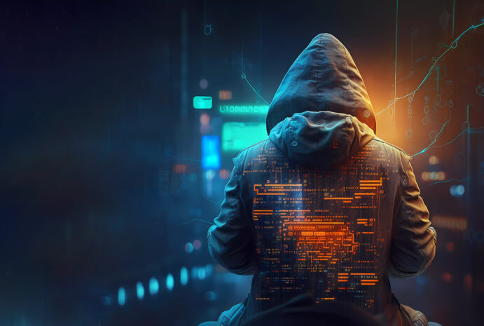 A hooded figure surrounded by digital codes, representing a cybercriminal in a dark, abstract digital environment.