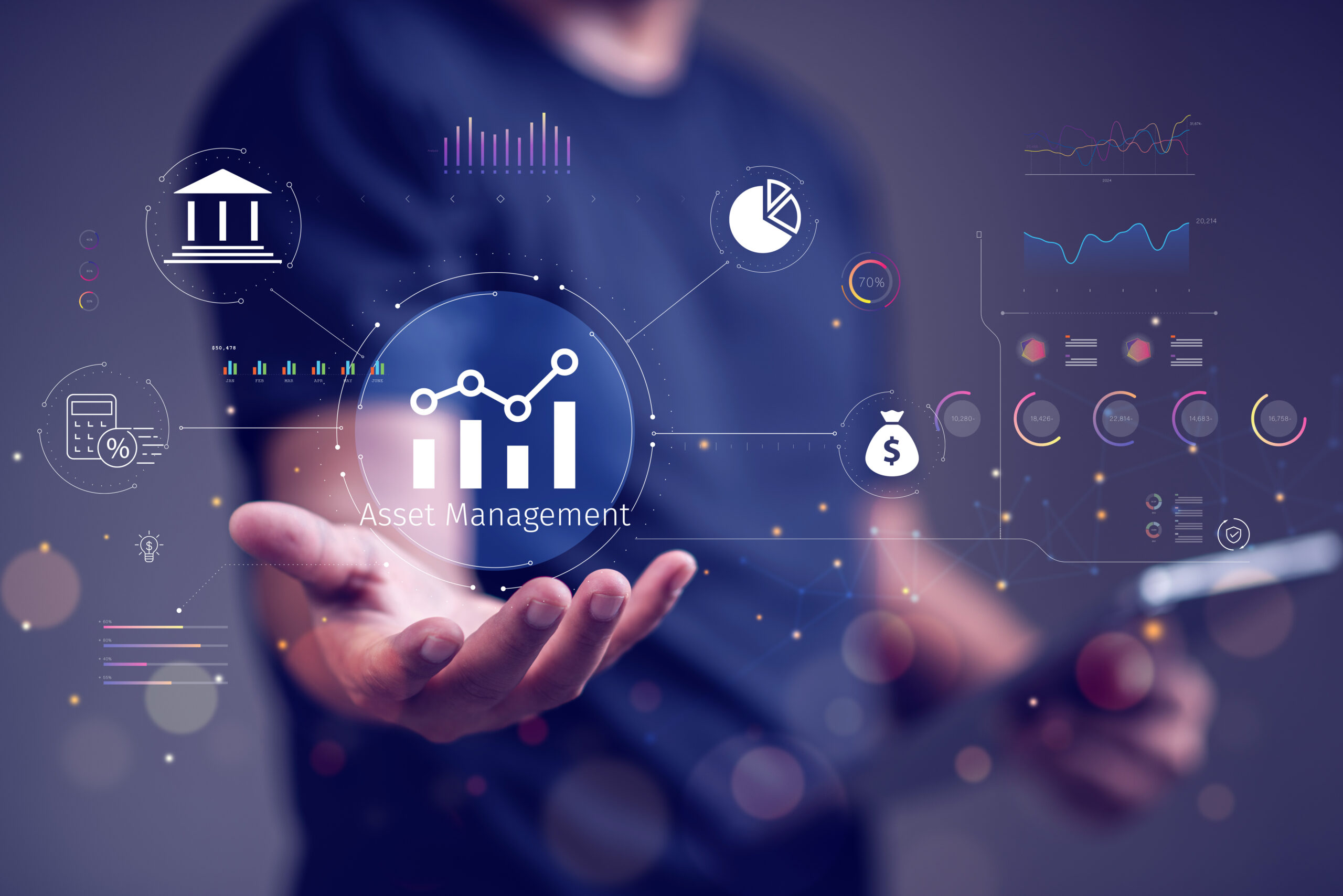 A person holding a tablet with digital icons representing asset management concepts floating above their hand, including graphs, charts, and financial symbols.