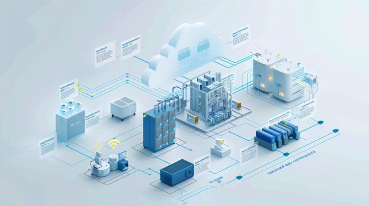 A digital illustration of an interconnected IT infrastructure for a business, featuring cloud computing, servers, data storage units, and various networked devices.