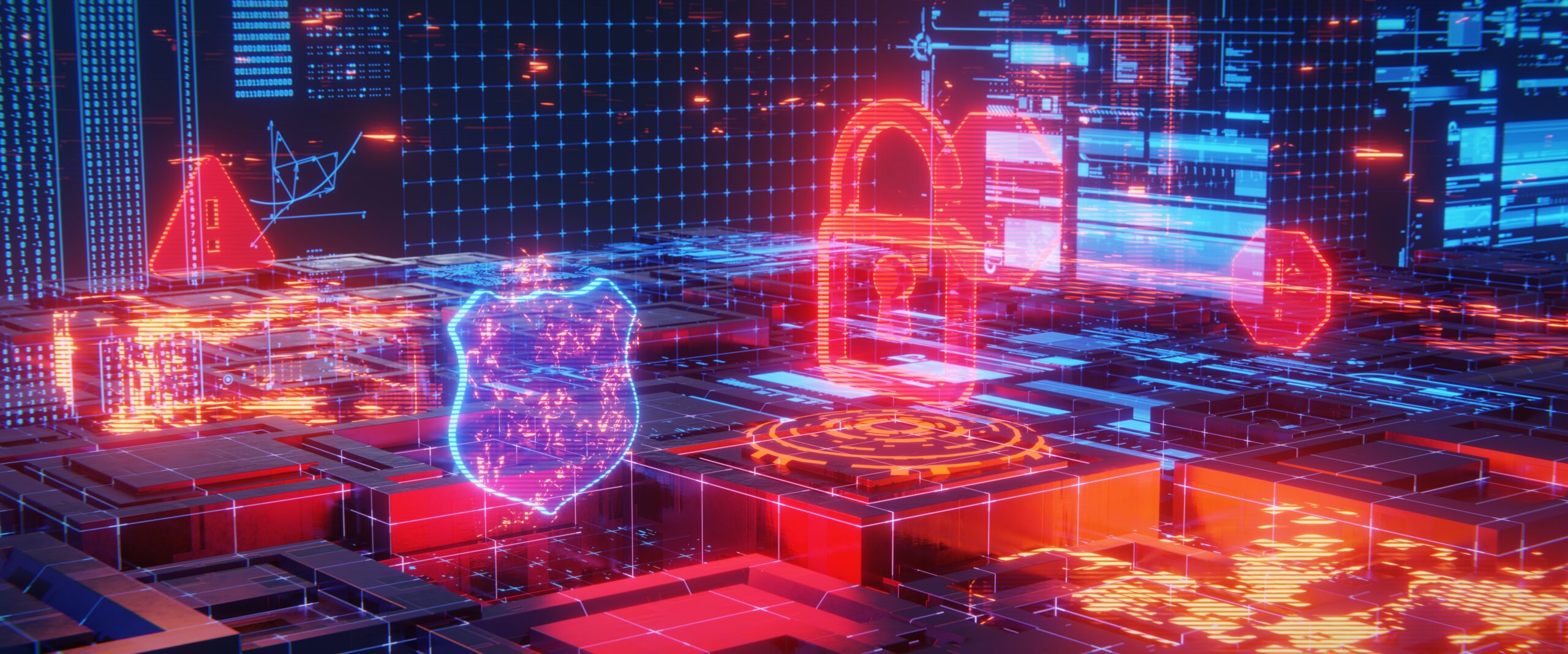 A futuristic digital landscape showcasing cybersecurity concepts, featuring glowing red padlocks, shields, and alert symbols, all interconnected with a complex grid of data and circuitry.