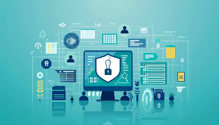 A digital illustration of a computer monitor with a shield and lock symbol, surrounded by various icons representing data security, IT infrastructure, cloud services, and support systems.