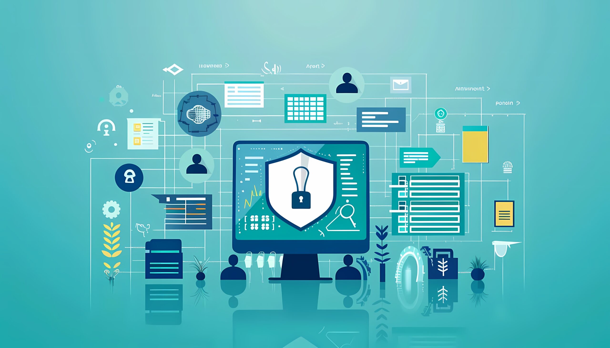 A digital illustration of a computer monitor with a shield and lock symbol, surrounded by various icons representing data security, IT infrastructure, cloud services, and support systems.