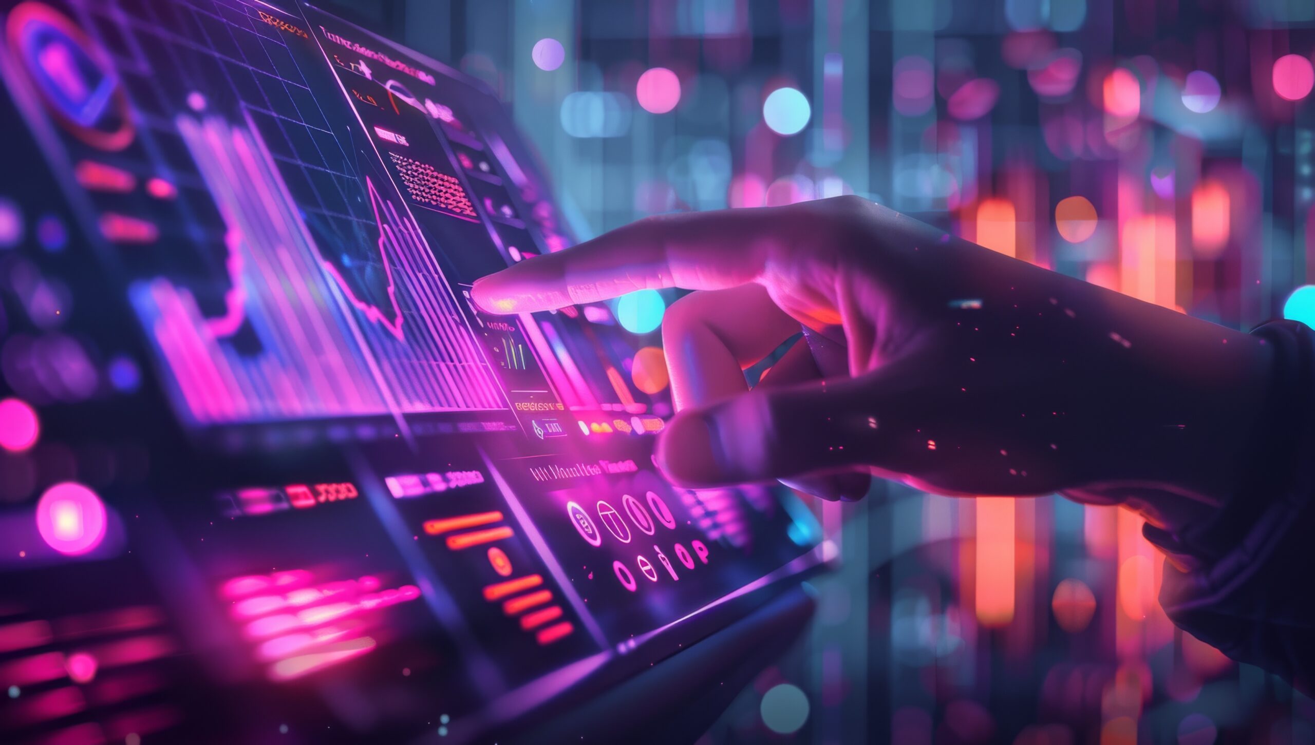 A close-up of a hand interacting with a futuristic, holographic touchscreen interface displaying data graphs and analytics in vibrant neon colors.