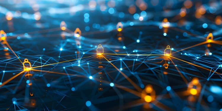 A digital network of interconnected devices and users, symbolized by glowing padlocks and nodes, highlighting the importance of cybersecurity for mobile devices in a remote workforce.