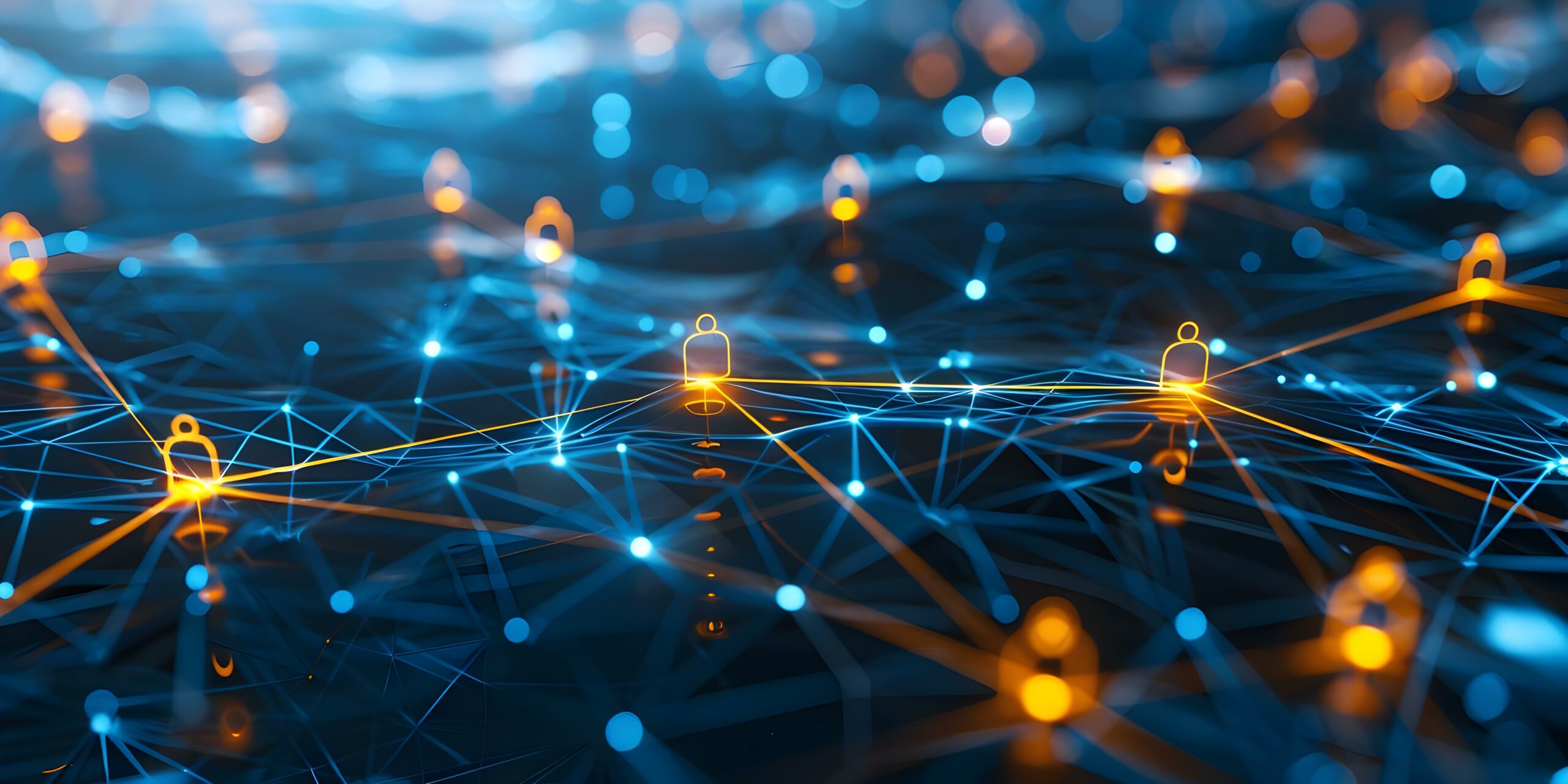 A digital network of interconnected devices and users, symbolized by glowing padlocks and nodes, highlighting the importance of cybersecurity for mobile devices in a remote workforce.