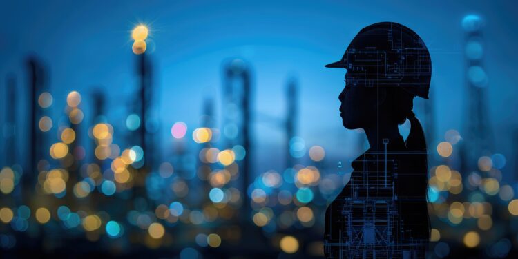 Silhouette of a worker in a helmet overlaid with blueprint designs, with a blurred industrial background illuminated by city lights.