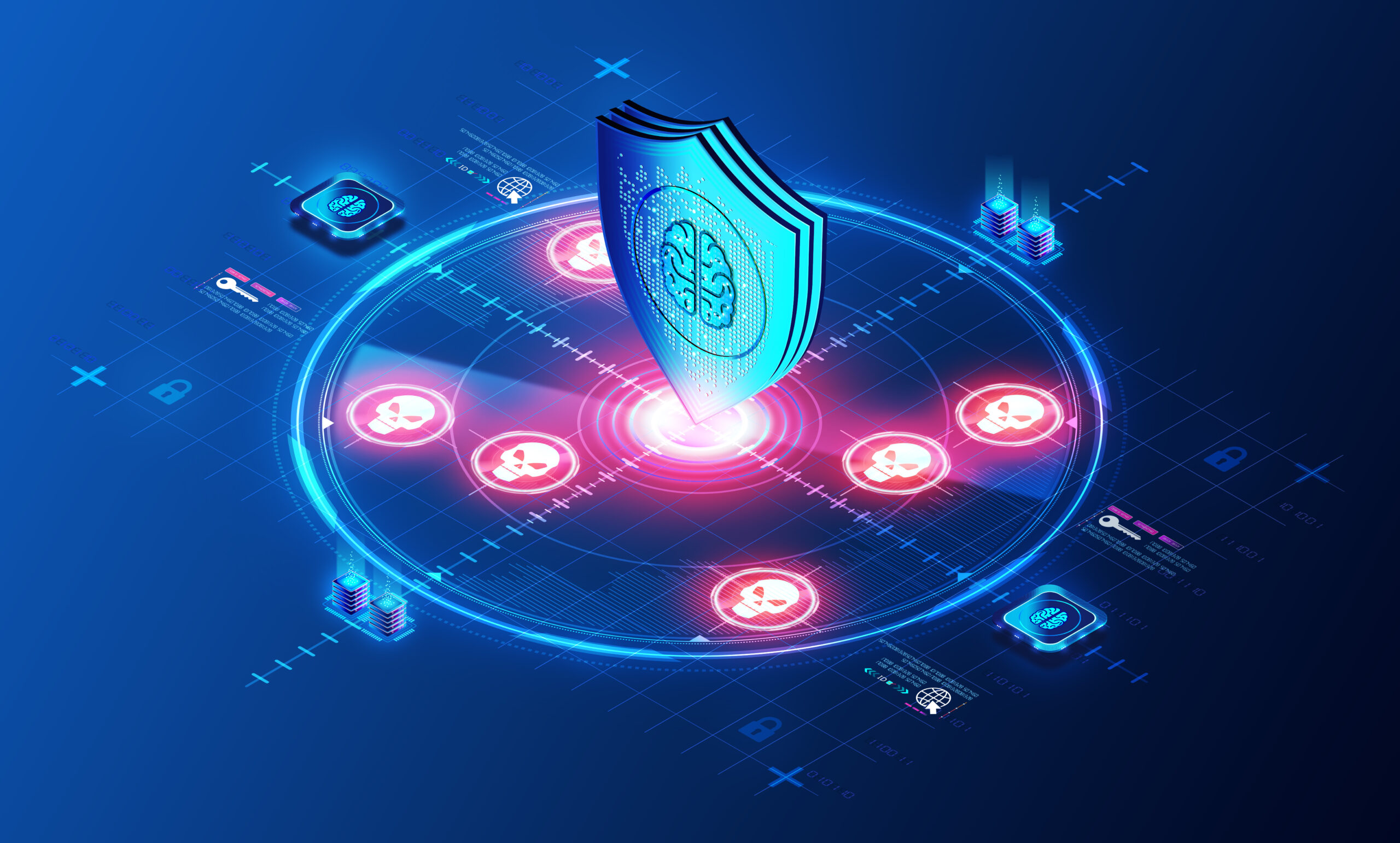 A futuristic shield representing XDR security, surrounded by icons symbolizing threats and connected security tools on a digital blue grid