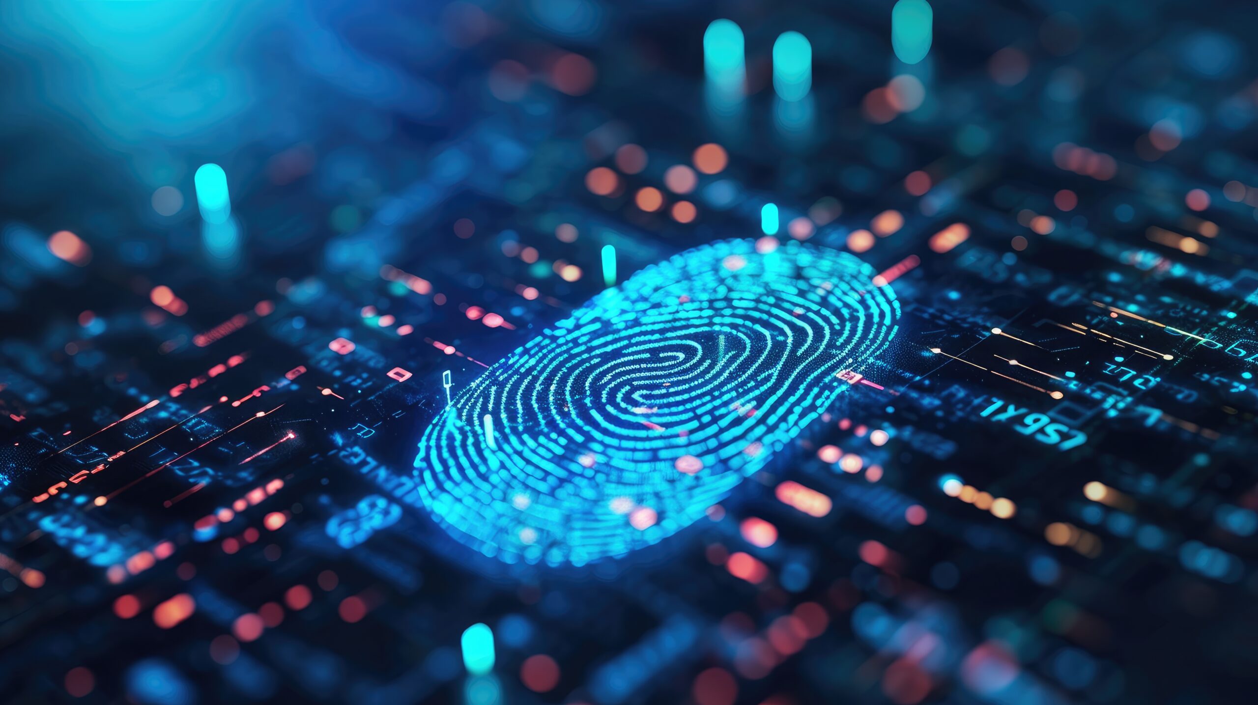 A digital fingerprint glowing on a futuristic circuit board, symbolizing biometric technology and authentication systems.