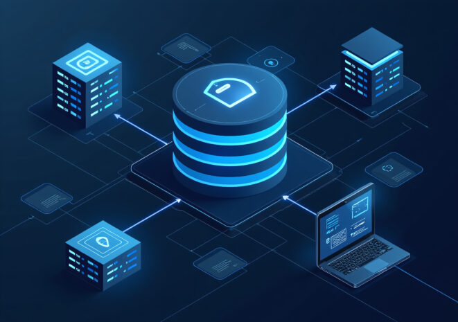 Illustration of data encryption, featuring a central database with interconnected systems and devices secured by encryption technology.