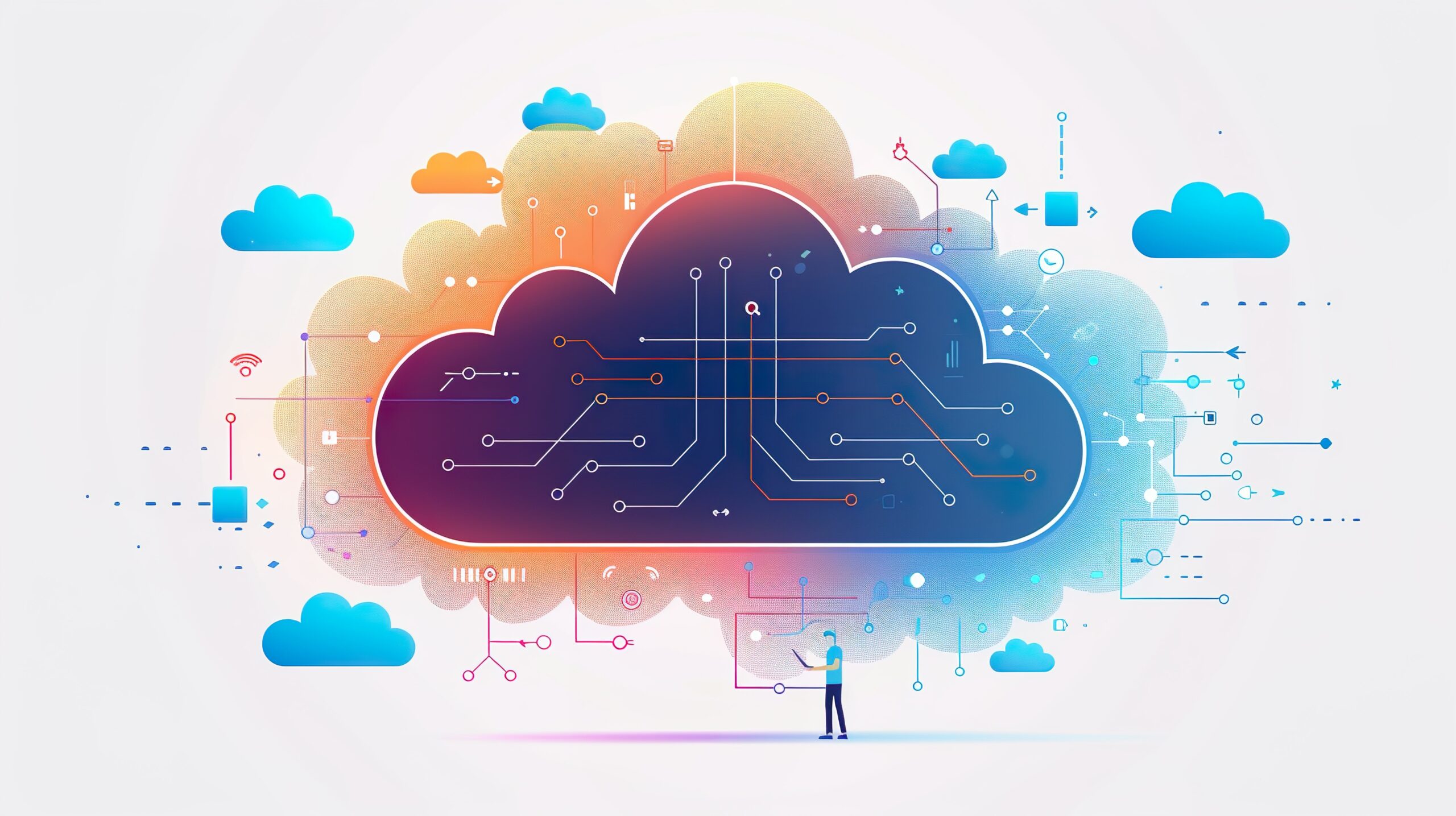 Illustration of a cloud infrastructure surrounded by interconnected network nodes and a person managing resources, symbolizing virtual machine security in Azure environments.