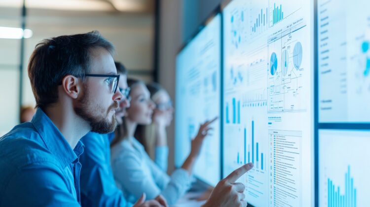 Financial analysts reviewing real-time financial data and security metrics on large digital screens, utilizing AI-driven analytics tools for risk management and fraud detection in the financial sector.