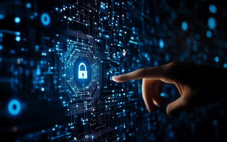 A digital representation of cybersecurity featuring a glowing lock icon within a circuit board design. A human finger is reaching towards the lock, symbolizing managed IT services protecting businesses from cyber threats.