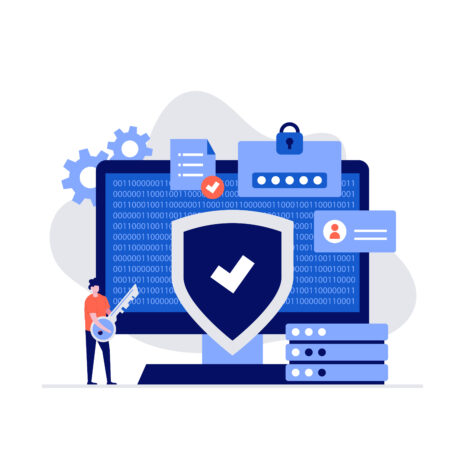 Illustration of a secure computer system with a shield, lock, password input, and a person holding a key, representing cybersecurity and data protection in Microsoft 365.